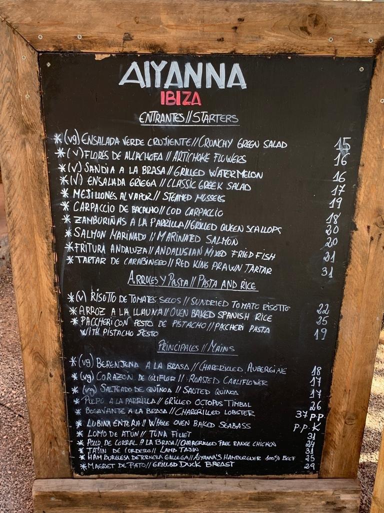 Aiyanna Ibiza Restaurant und Beach Club Speisekarte